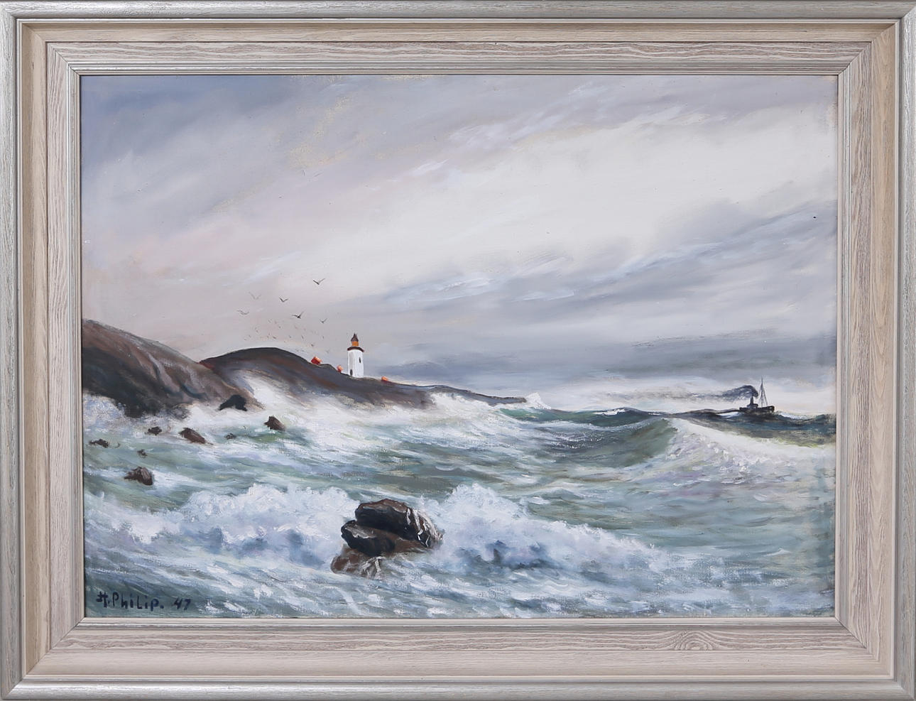 OKÄND KONSTNÄR. OLJA på duk, "Morups fyr Falkenberg", Sign H Philip 47.