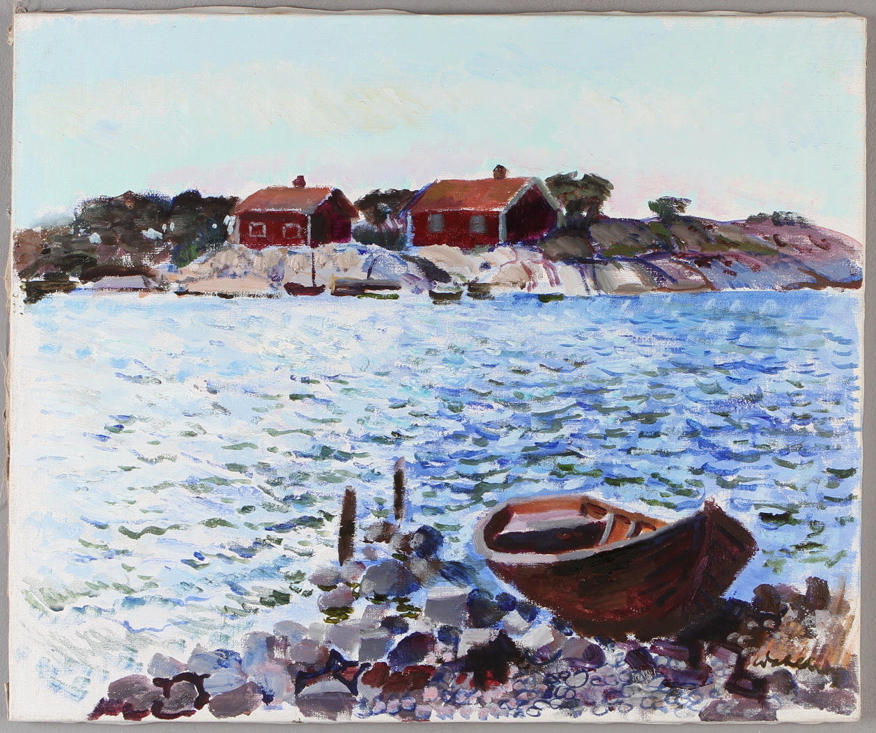 BERTIL WAHLBERG. Skärgård med båtar, olja på duk, signerad.