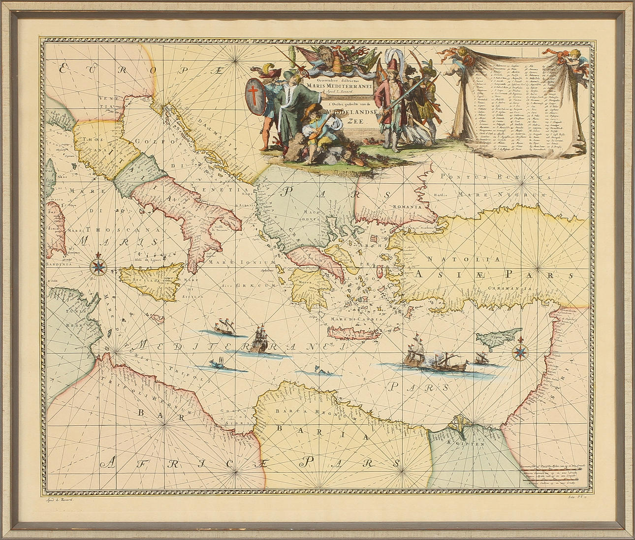 KARTA, handkolorerad gravyr "Mare Mediterranei", Apud L. Renard.