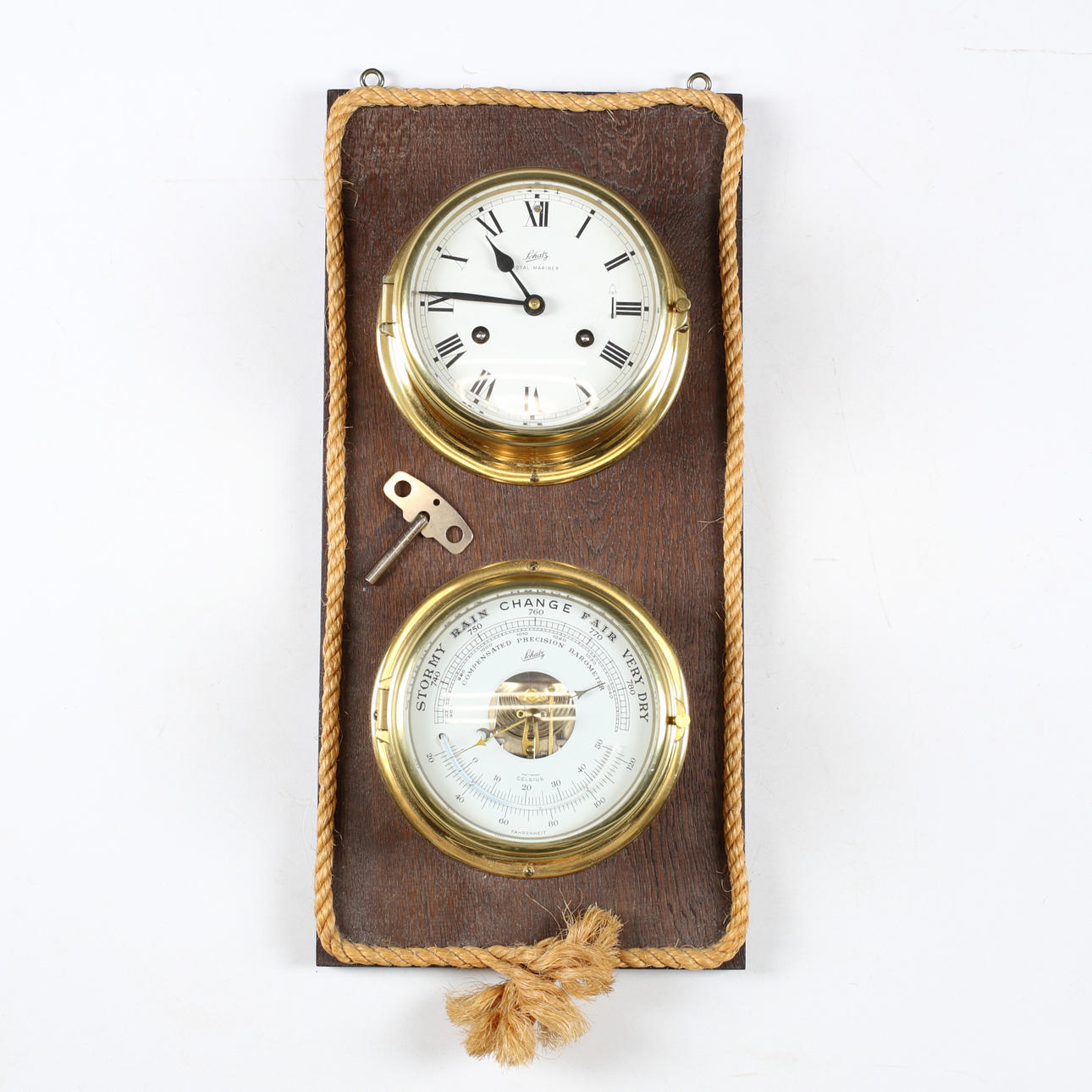 WALL CLOCK with BAROMETER, brass/wood, Schatz, Germany, 1950s.