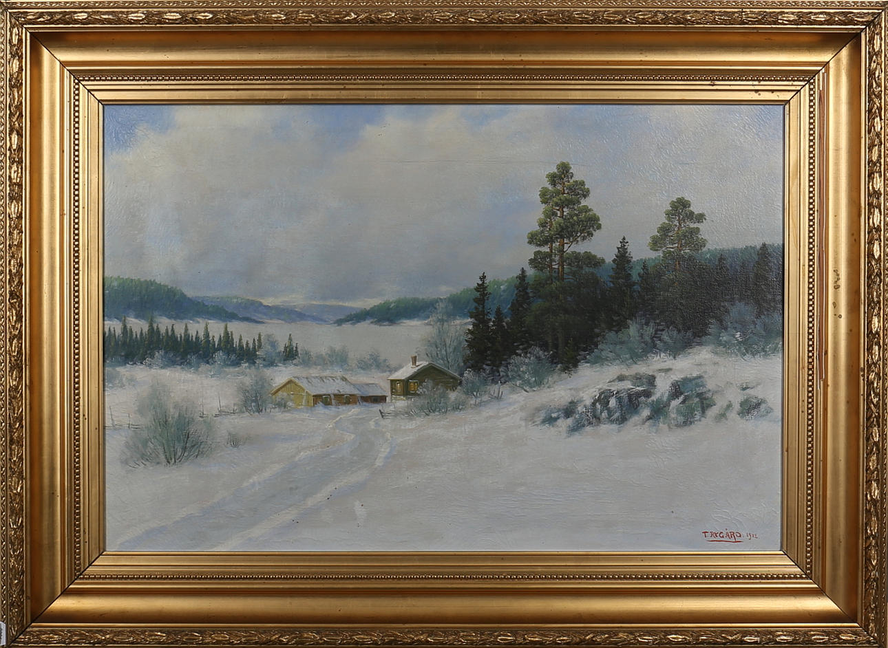 OIDENTIFIERAD KONSTNÄR. Vinterlandskap. Olja på duk. Signerad T Rygård och daterad 1912.