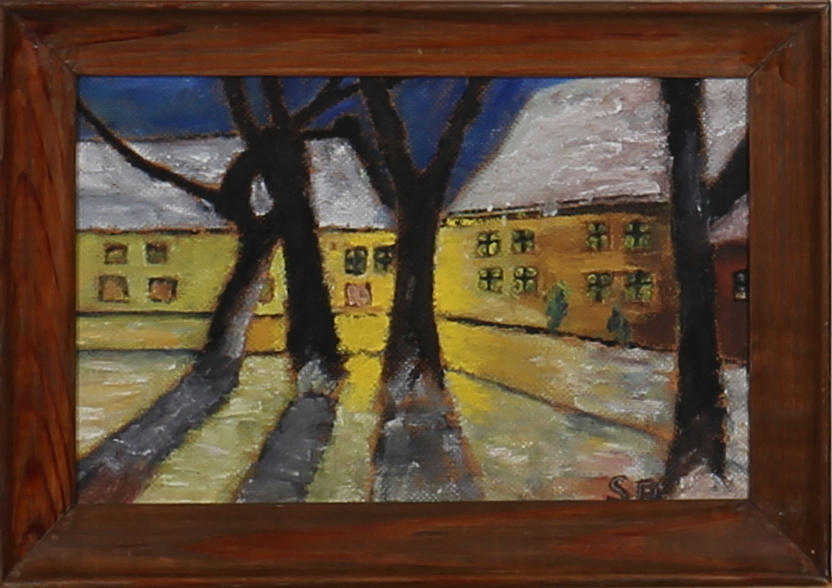 STEN-ERIK BOKBLAD. Innegård med ljus. Olja på pannå. Signerad S B.