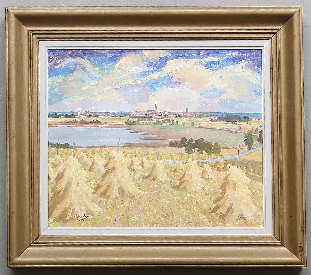 ERIK SANDGREN. Olja på pannå. Vy över Linköping. Signerad och daterad -54.