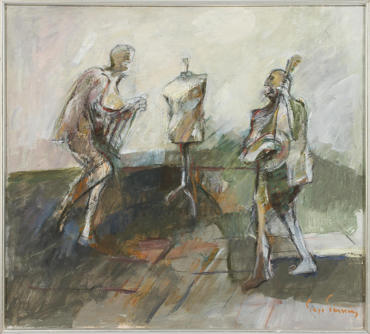 TAGE TÖRNING. Figurkomposition med provdocka, olja på duk, sign.