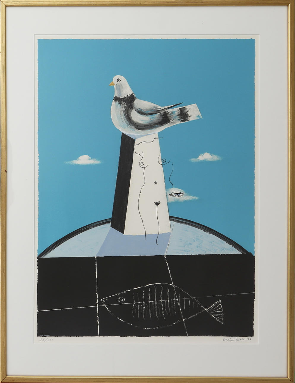 ESAIAS THORÉN. Komposition med duva, färglitografi, signerad Esaias Thorén.