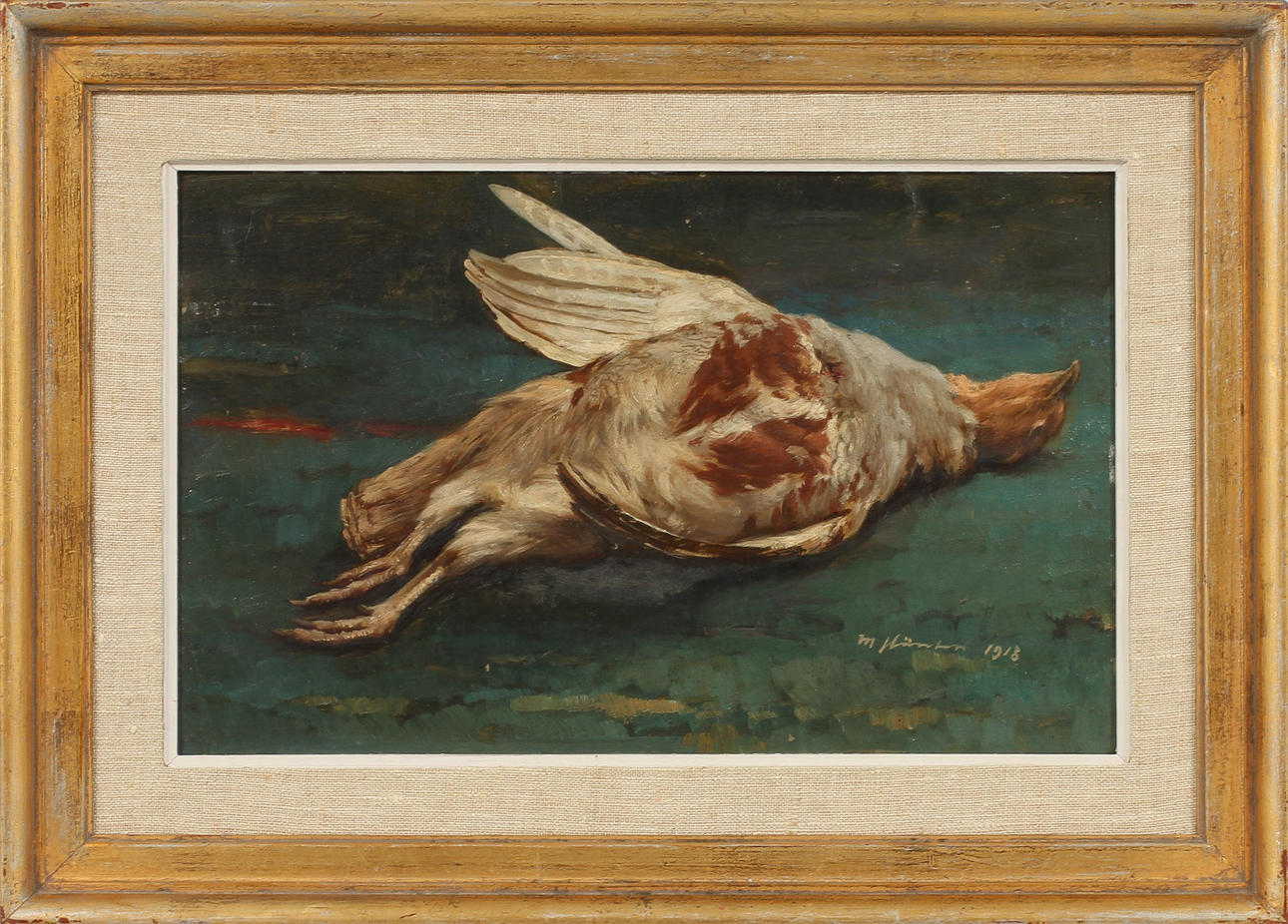OIDENTIFIERAD KONSTNÄR, Död rapphöna. olja på pannå, otydl sign.