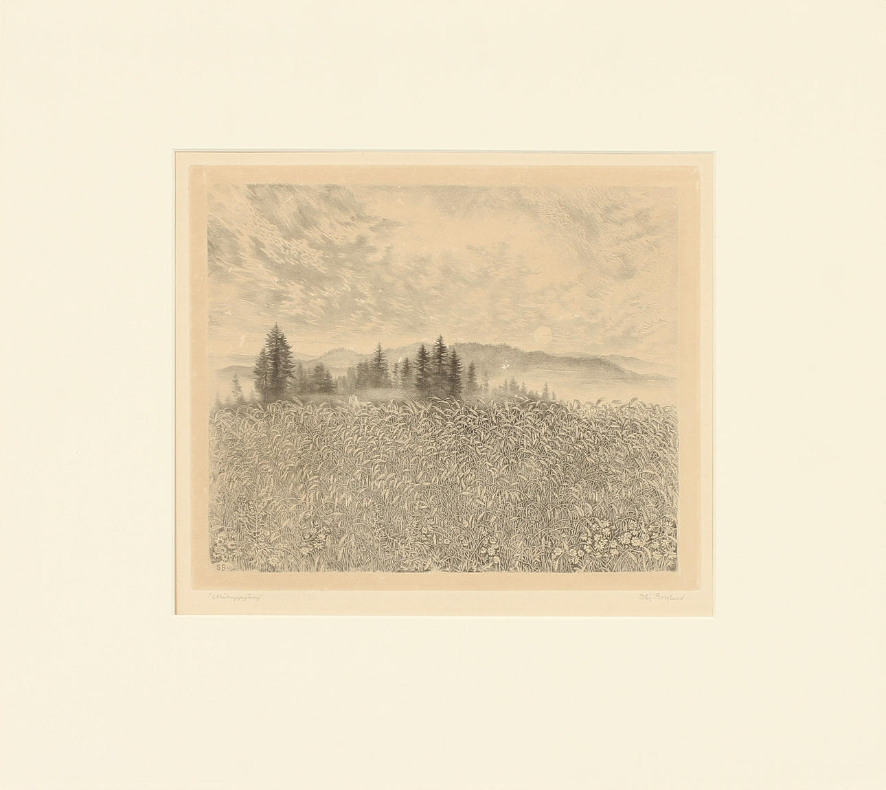 STIG BORGLIND. "Månuppgång", torrnål, sign.