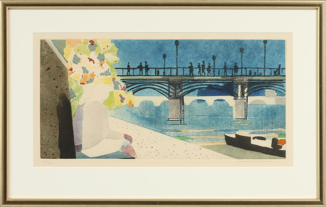 AXEL OLSON. Damer vid bro, litografi, signerad och numrerad 188/260.