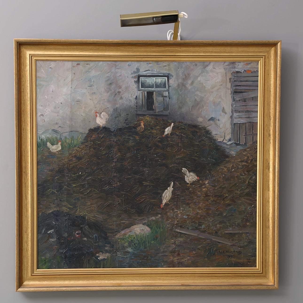 CALLE NYLAND. Olja på duk, Hönor på gödselstack, signerad och daterad 1931.