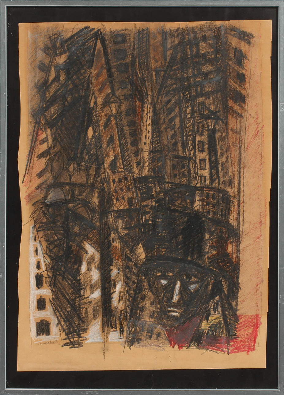 ERIK HÖGLUND. Höghus, krita, sign.