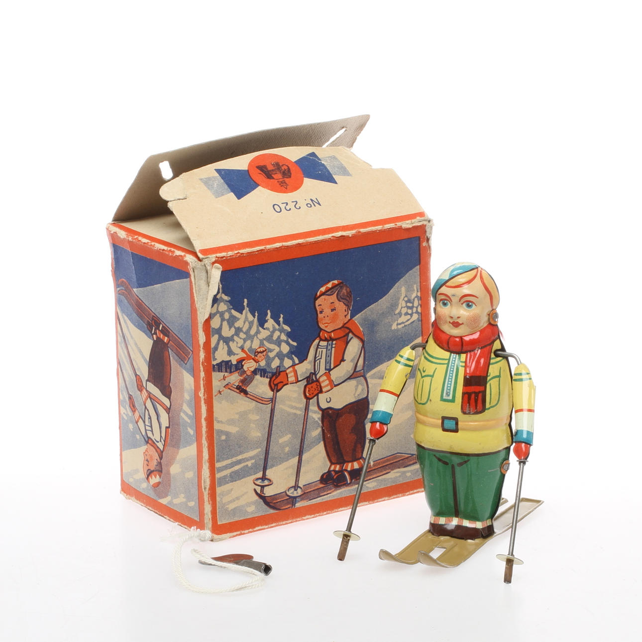 BLOMER&SCHULER No 220 Skidåkare. U.S.-zone Germany. Originalkartong.