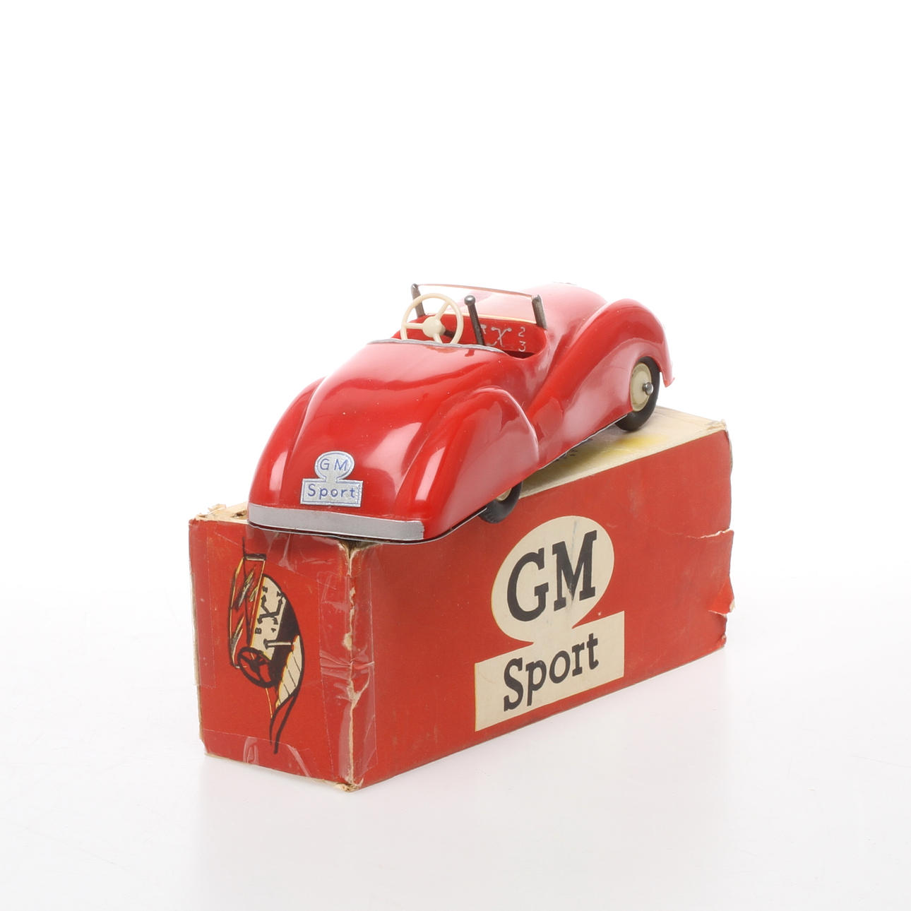 LEKSAKSBIL GM Sport, made in Sweden, plastkaross, urverk, rattstyrning, växelmekanism. Originalkartong.