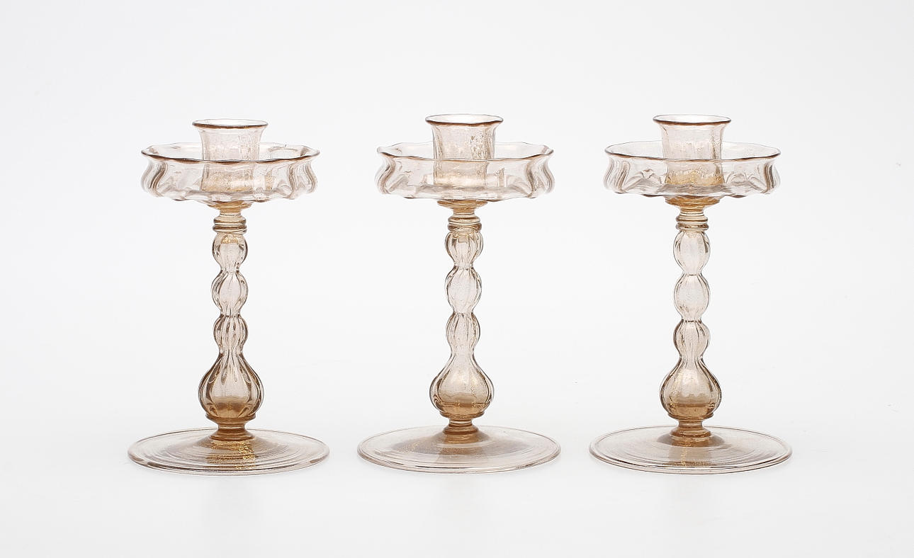NAPOLEONE MARTINUZZI. Ljusstakar, 3 st, glas, "Soffiato", Venini, Murano, Italien, 1920/30-tal.