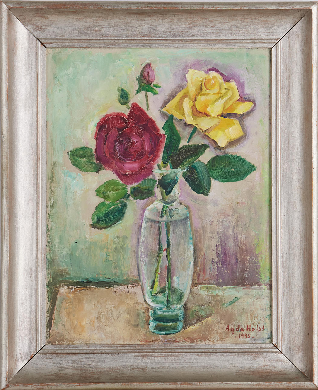 AGDA HOLST. Roses, oil on Board, signed and dated Agda Holst 1945.