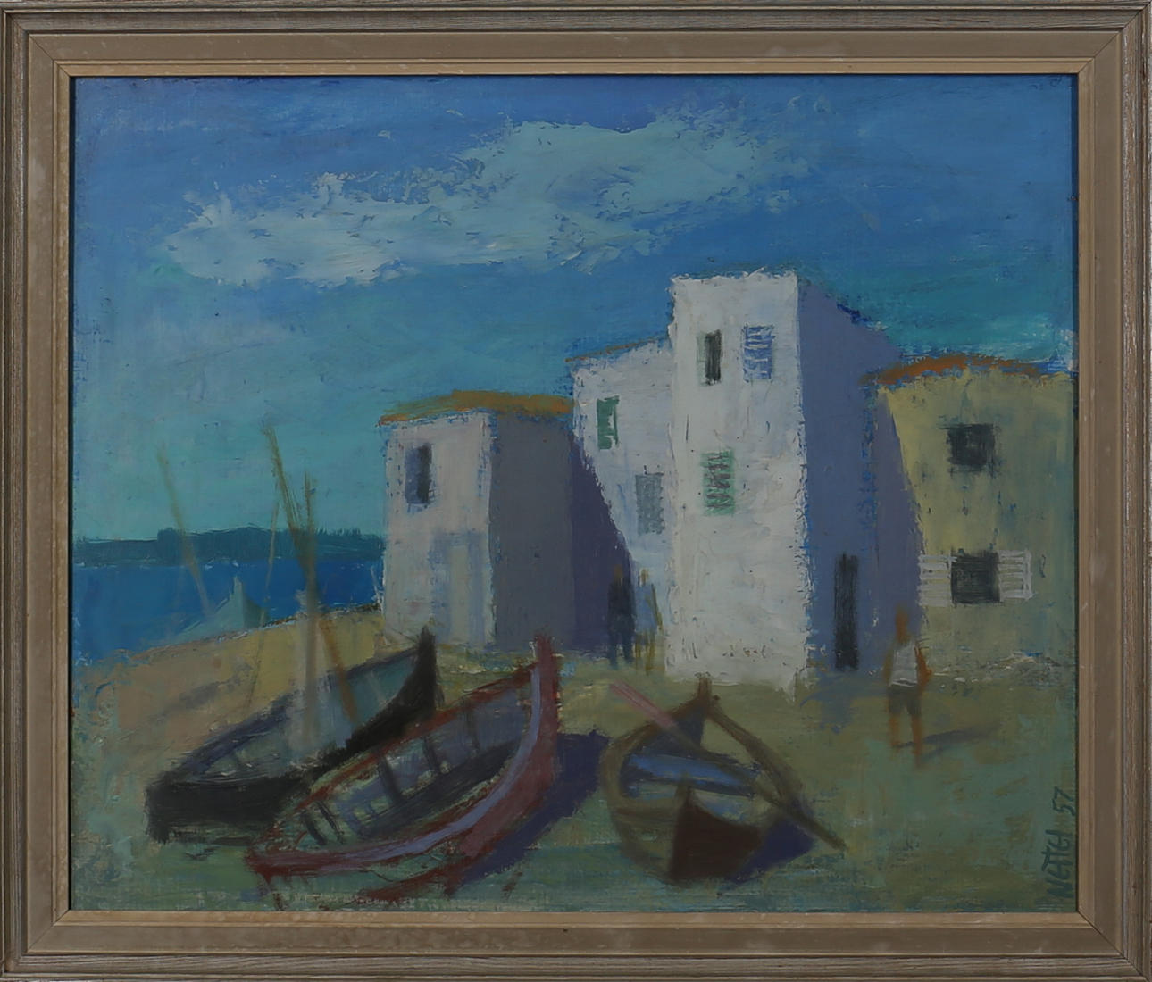 EINAR NETTELBLADT. Olja på pannå. Sydländsk kustbild. Signerad Nettel. daterad 57.