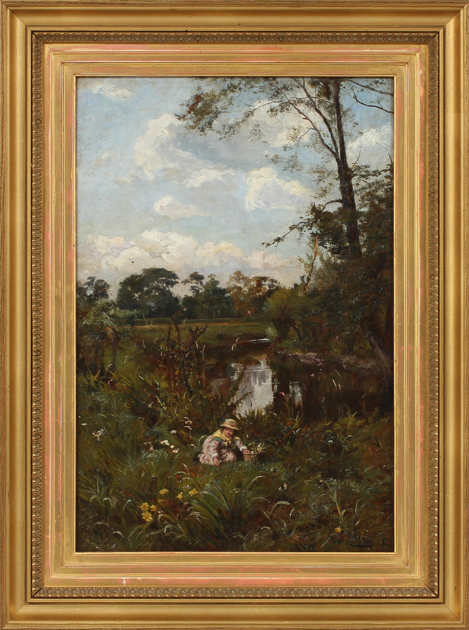 THEODORE HINES. Olja på duk, kvinna vid flod, signerad och daterad -82.