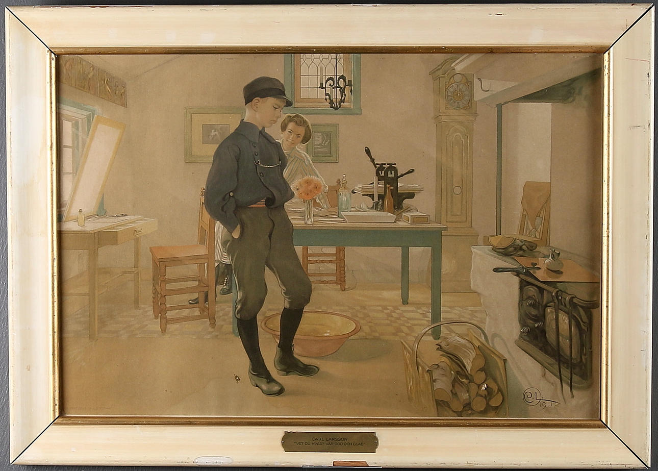 LITOGRAFISKT TRYCK, efter CARL LARSSON "Hvet du Hvad? Var god och glad" 1900-talets första del.
