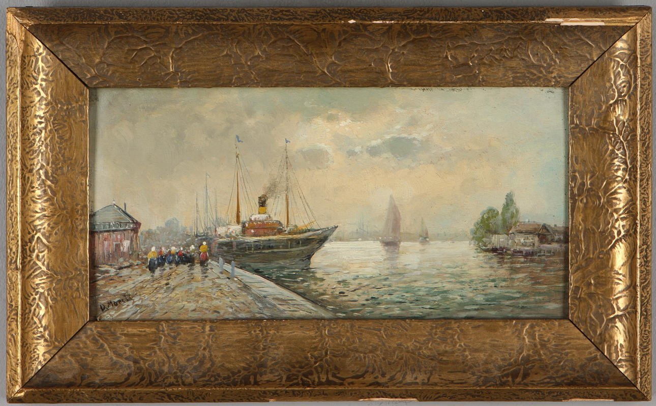 OKÄND KONSTNÄR. Hamnpromenaden, olja på pannå, signerad D. Morett.
