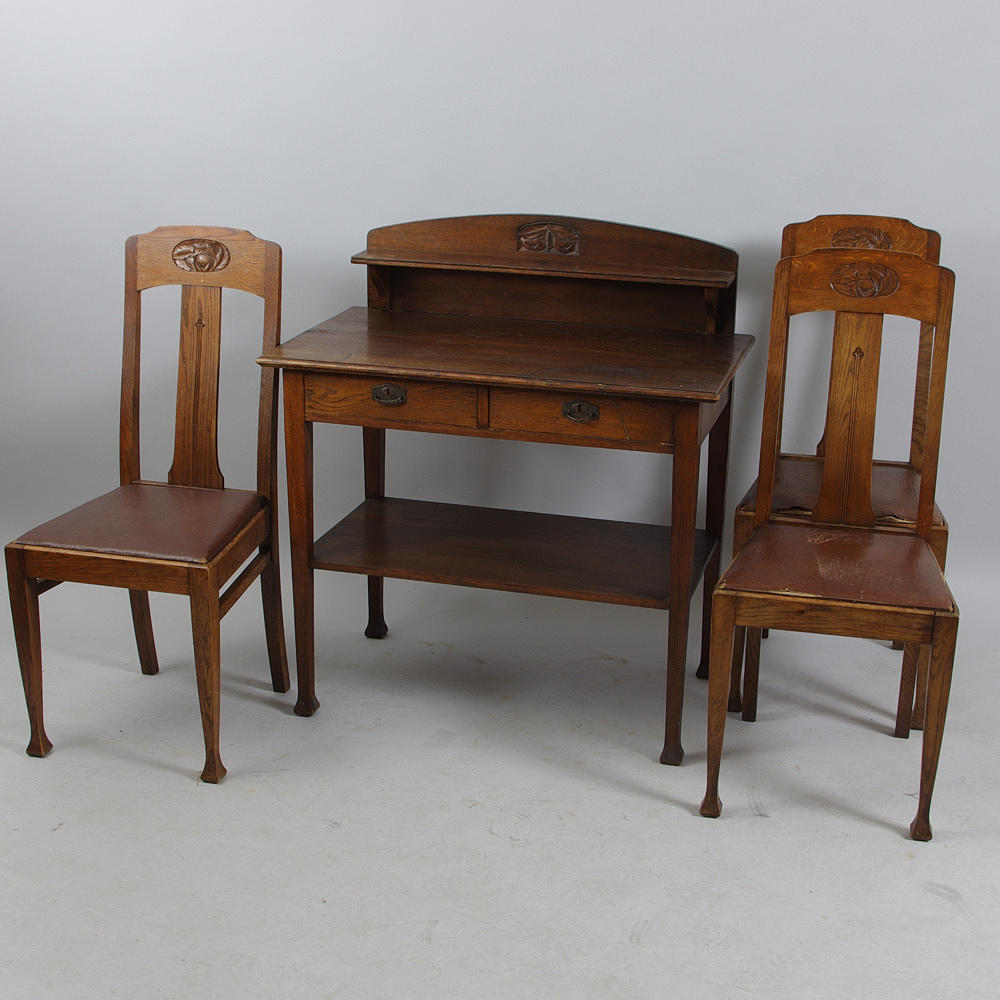 SKÄNK SAMT 3 STOLAR, ek, jugend.