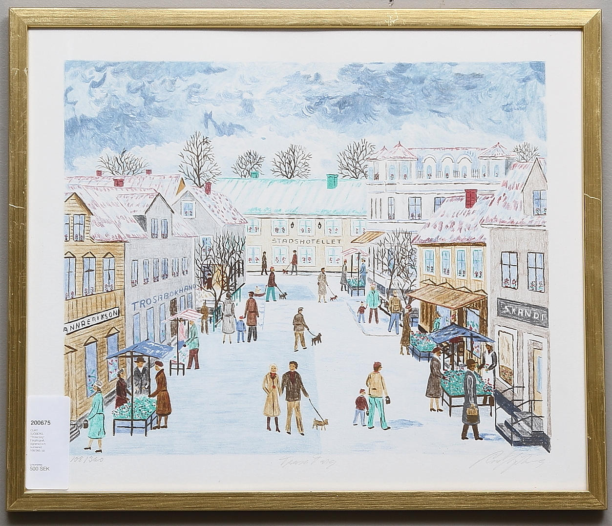 CURT SJÖBERG. "Trosa torg". Färglitografi, signerad och numrerad 108/360.