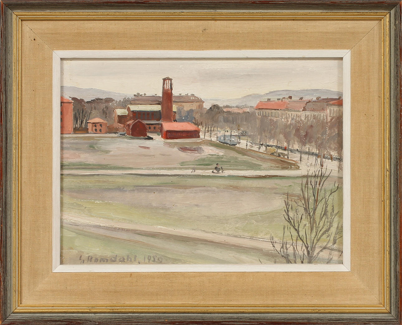 GUNNAR ROMDAHL. stadsbild, olja på pannå, signerad och daterad 1959.