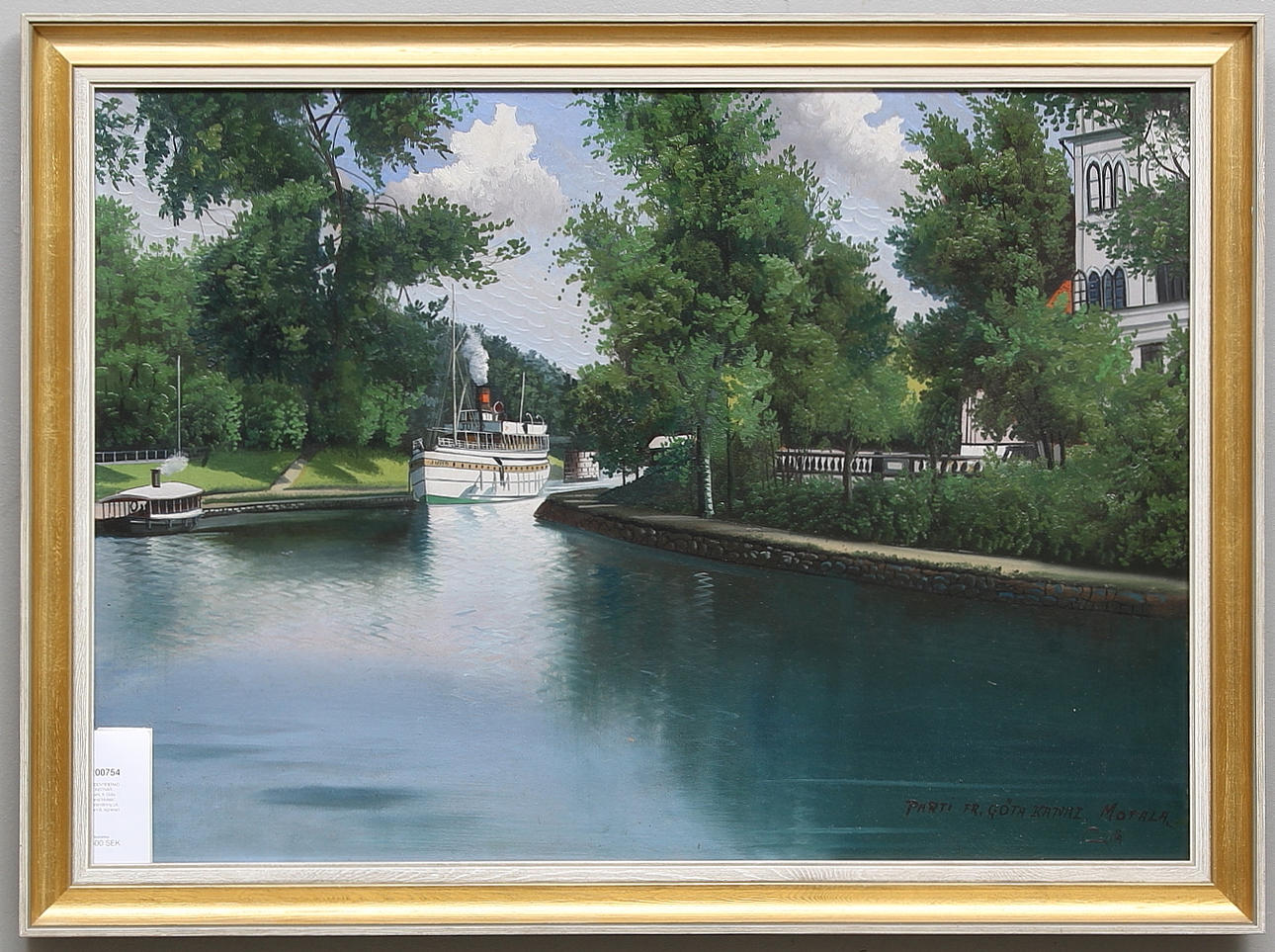 OIDENTIFIERAD KONSTNÄR. "Parti. fr. Göta Kanal Motala", gåramålning på pannå, signerad.