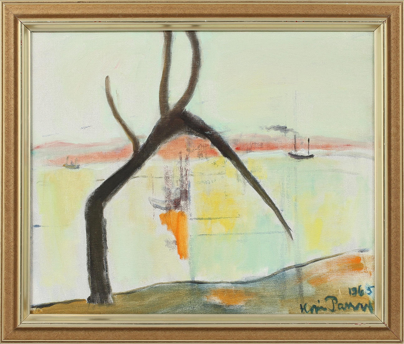 KARIN PARROW. Vy över vatten, olja på duk, signerad 1965.