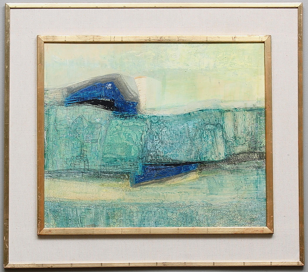 LAURA NILA, " Green Landscape I". Blandteknik på pannå. Signerad och daterad 1963.