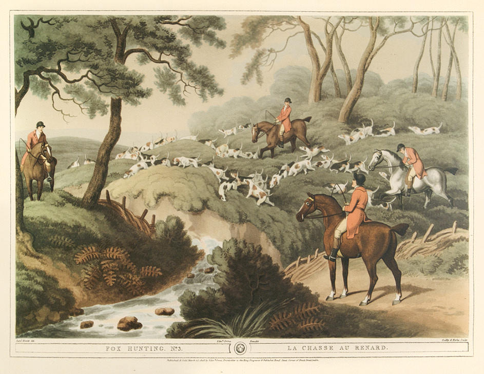 EFTER SAMUEL HOWITT. ”Fox Hunting #3.” Färgade reproduktionslitografi. Troligen 1900-talets mitt.