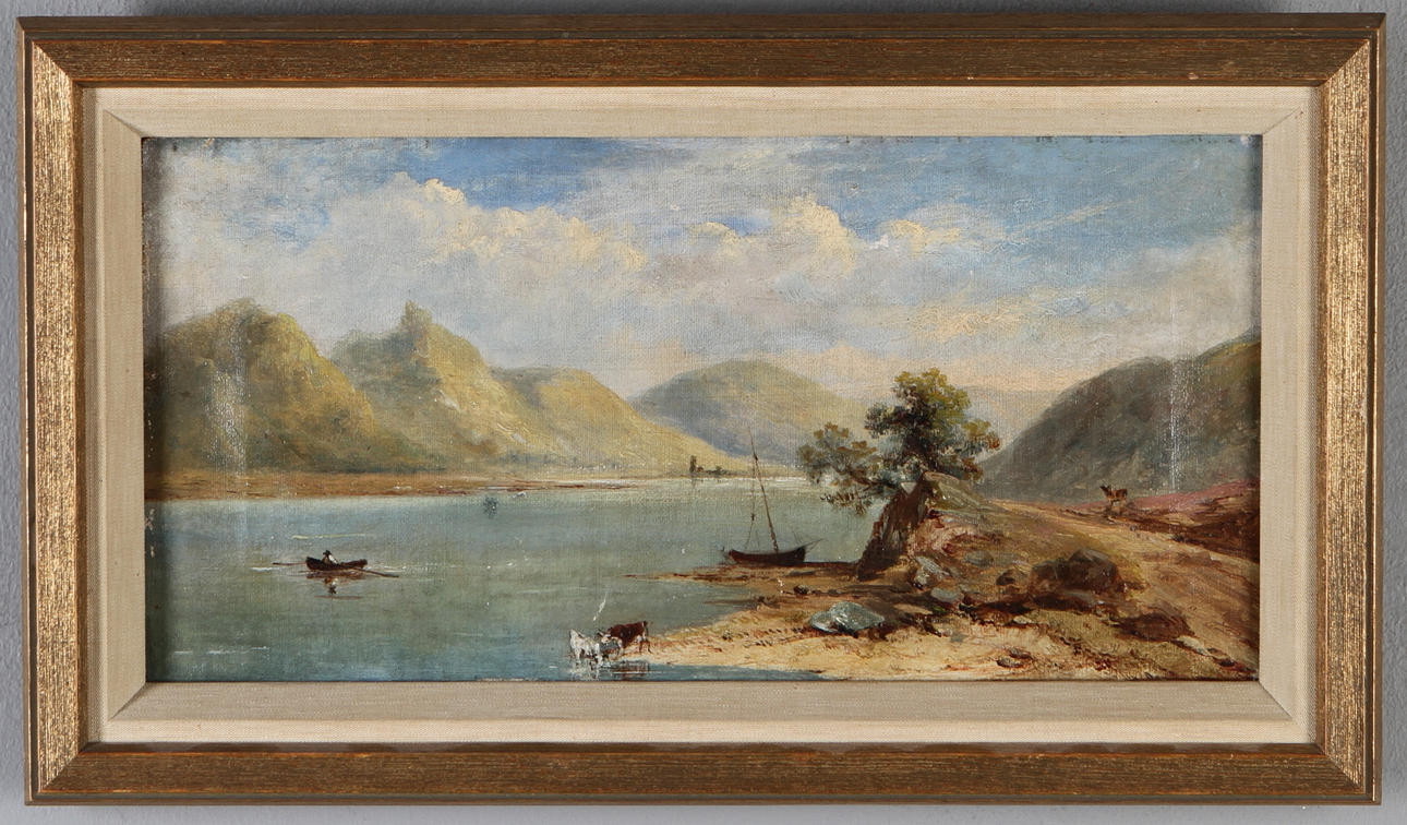 OIDENTIFIERAD KONSTNÄR. Strandbild med kor, olja på duk, osignerad.