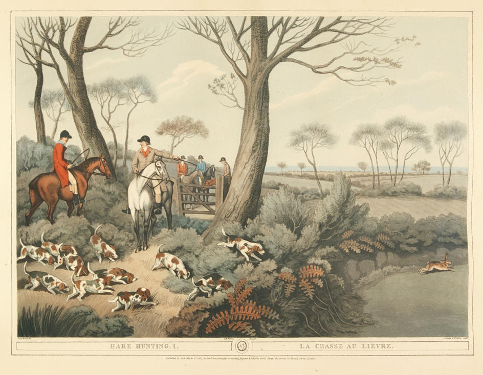 EFTER SAMUEL HOWITT. ”Hare Jakt 1: a”. Färgade reproduktionslitografi. Troligen 1900-talets mitt.