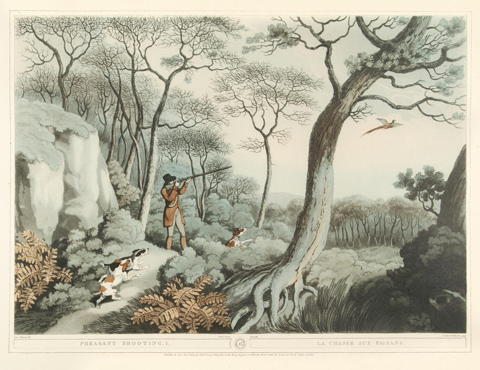 EFTER SAMUEL HOWITT. ”Fasan skytte I.”. Färgade reproduktionslitografi. Troligen 1900-talets mitt.