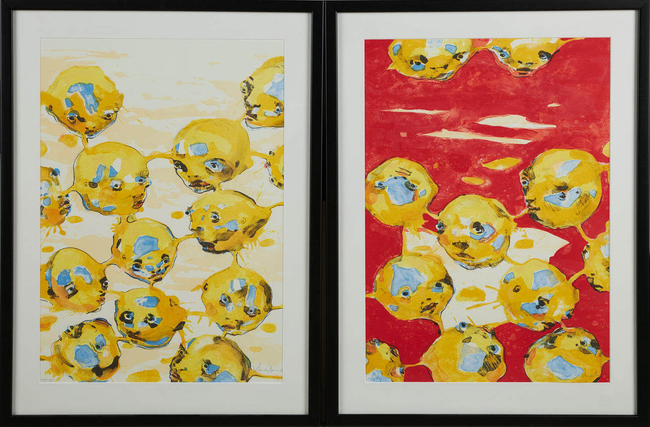 VILMANTAS MARCINKEVICIUS. 2 pcs. Abstract composition with several faces, red and yellow/blue coloring, both numbered 173/425, signed.