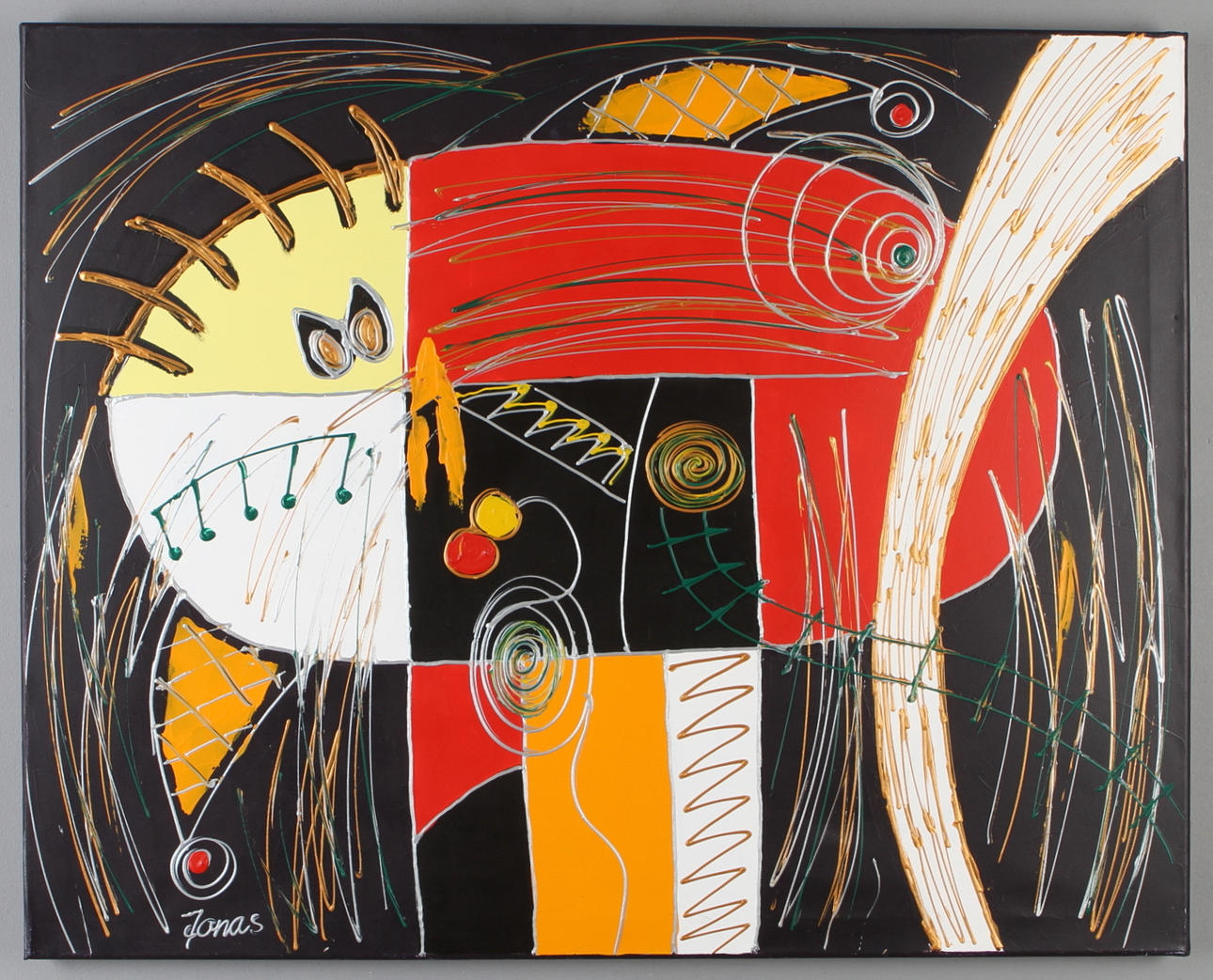 OIDENTIFIERAD KONSTNÄR. "Eyecather", blandteknik på duk, signerad Jonas.