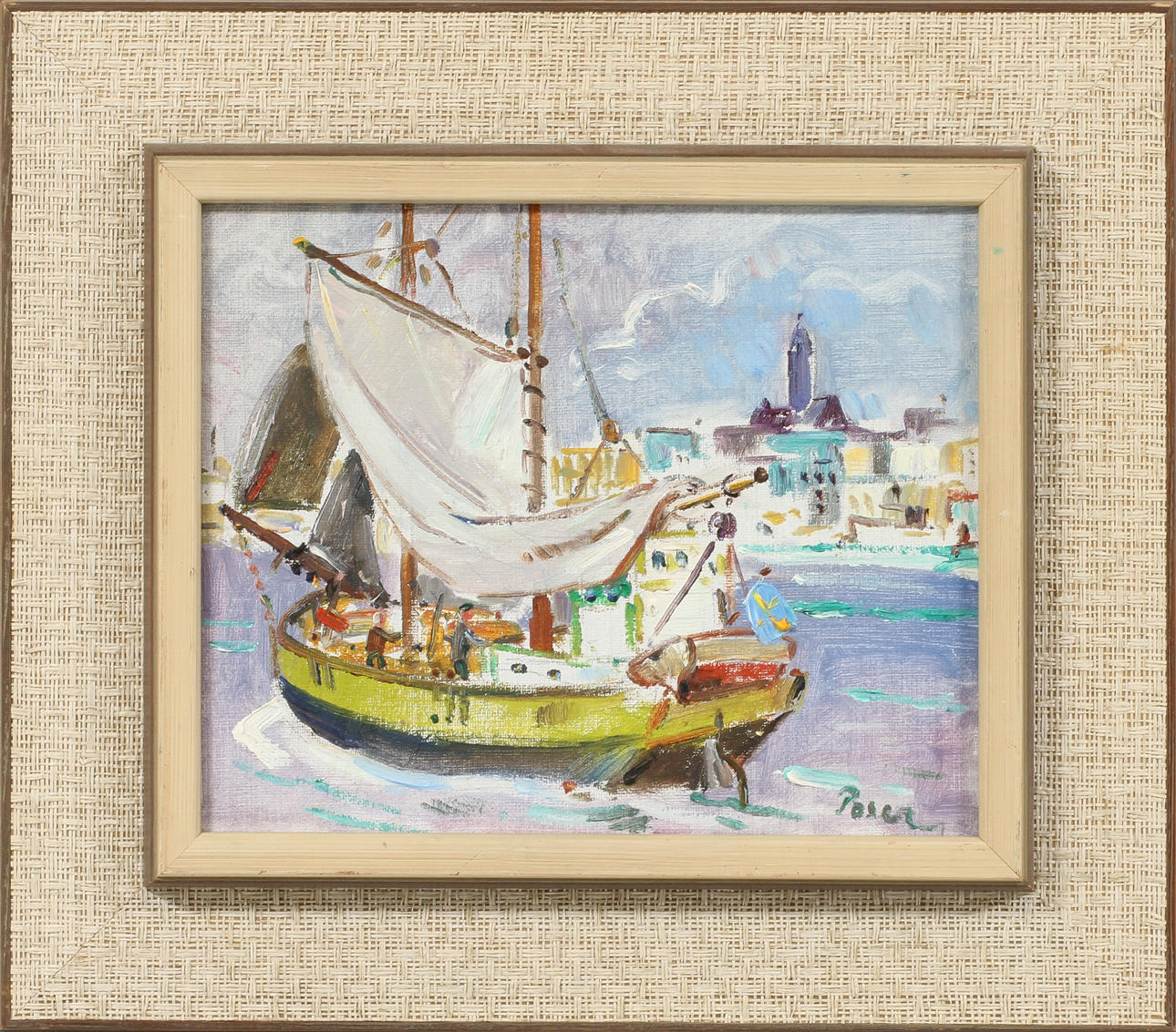 MARTIN POSER. Segelskuta med Göteborgs hamn, olja på duk, sign.