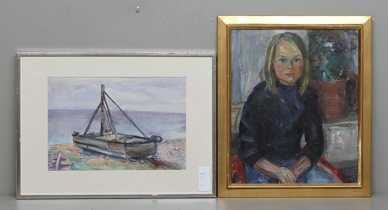 IDUN LOVÉN. 2 st, olja på pannå samt blandteknik, signerade 1956 samt 1979.