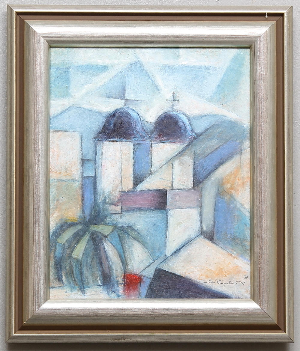 JUSSI TAIPALEENMÄKI. "Souvenier de Dolores". Blandteknik på pannå, signerad och daterad a tergo 1990.