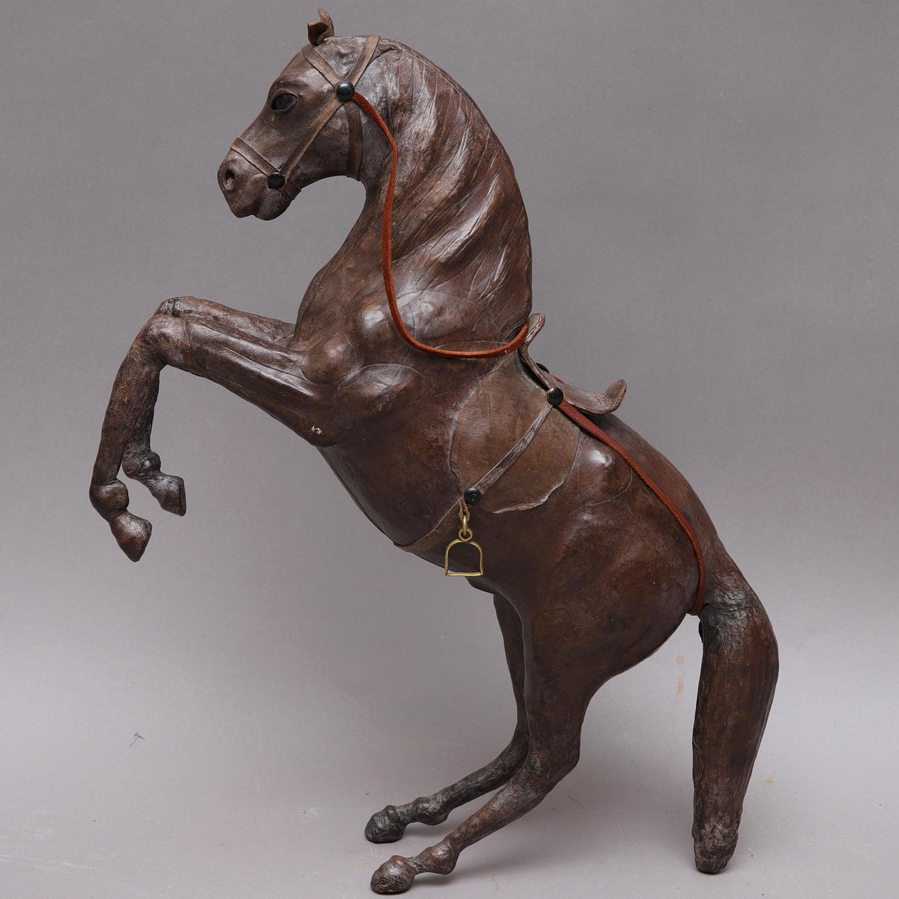 SCULPTURE, prancing horse, leather.