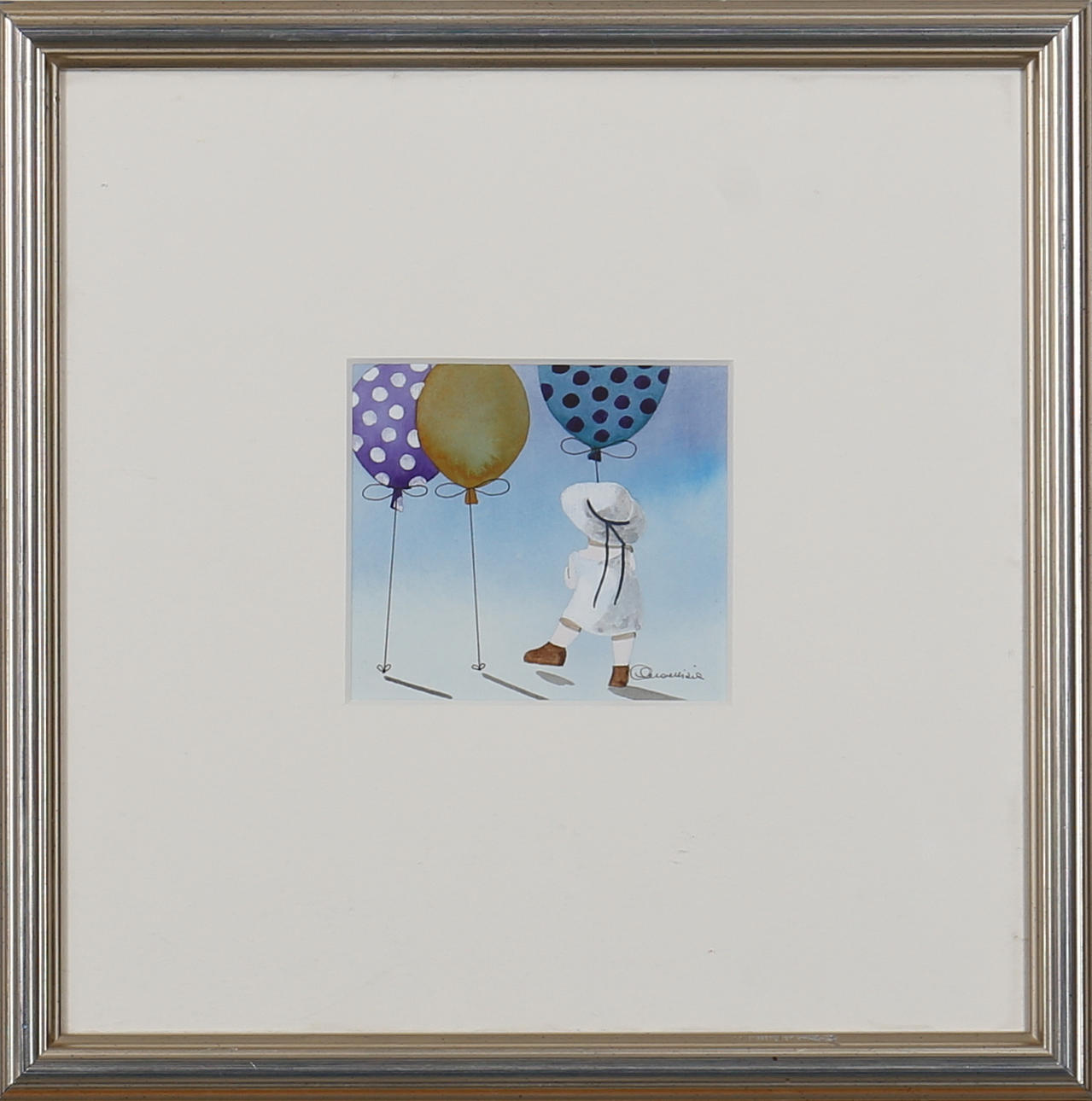 MAURIZIA CAMPANATI. Akvarell/Tusch. Pojke med ballonger. Signerad Campanati.