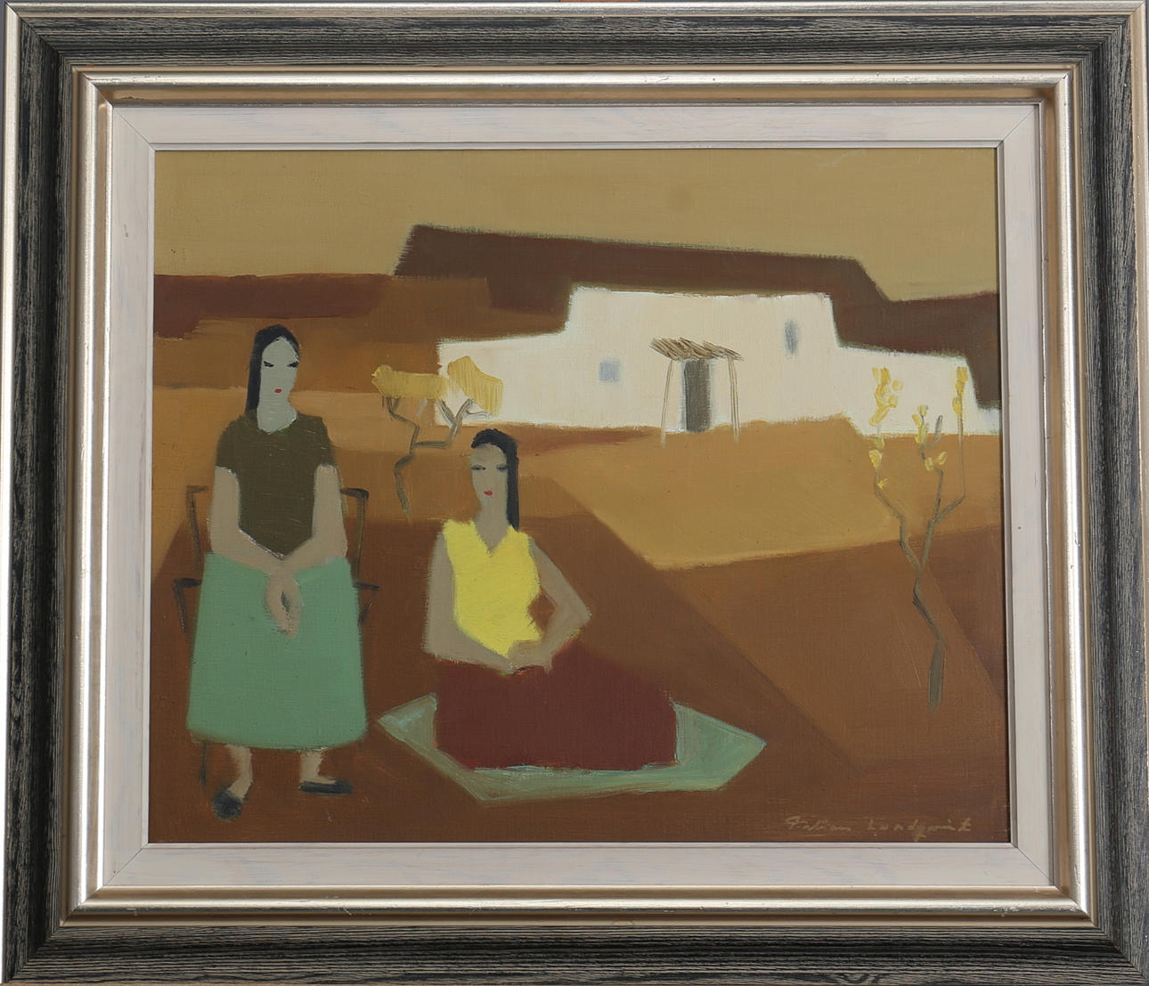 FABIAN LUNDQVIST. Olja på duk. Sydländskt motiv med kvinnor vid hus. Signerad Fabian Lundqvist.