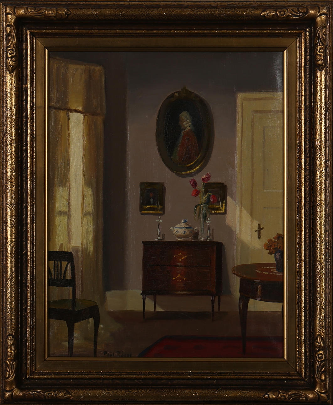 PAUL RÖNNE. Olja på duk. Interiör med byrå. Signerad Paul Rönne.