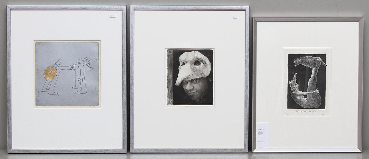 JORDI ARKÖ. 3 st, etsningar, ET samt provtryck, signerade.