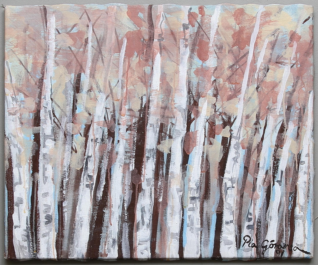 PIA GÖRANSSON. "Vårbjörkar". Olja på duk, signerad och daterad 91.