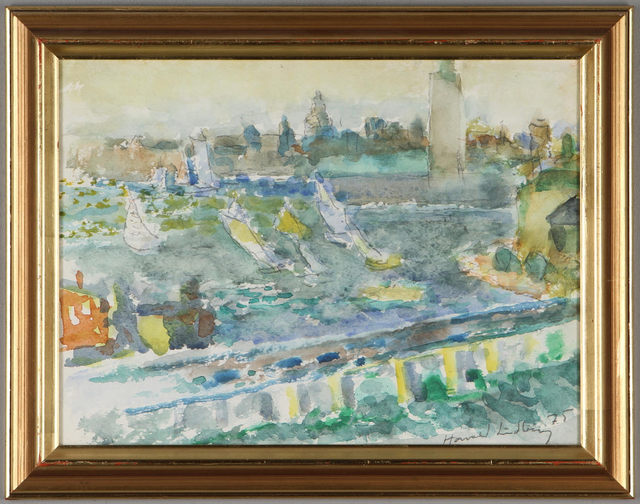 HARALD LINDBERG. "Segelregatta vid Stadshuset", akvarell, signerad och daterad -75.