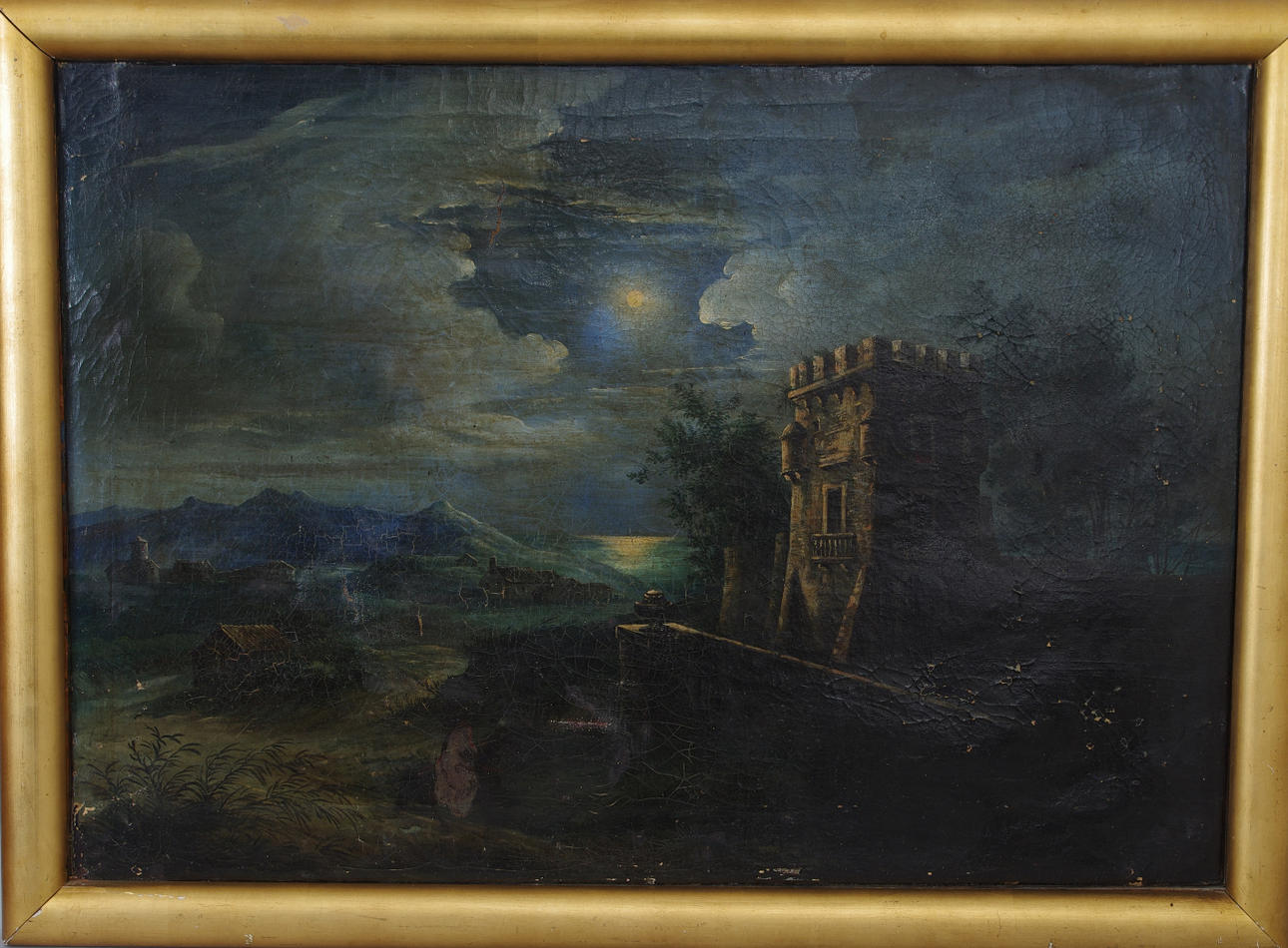 OIDENTIFIERAD KONSTNÄR. Borg i månsken, olja på duk, osignerad.