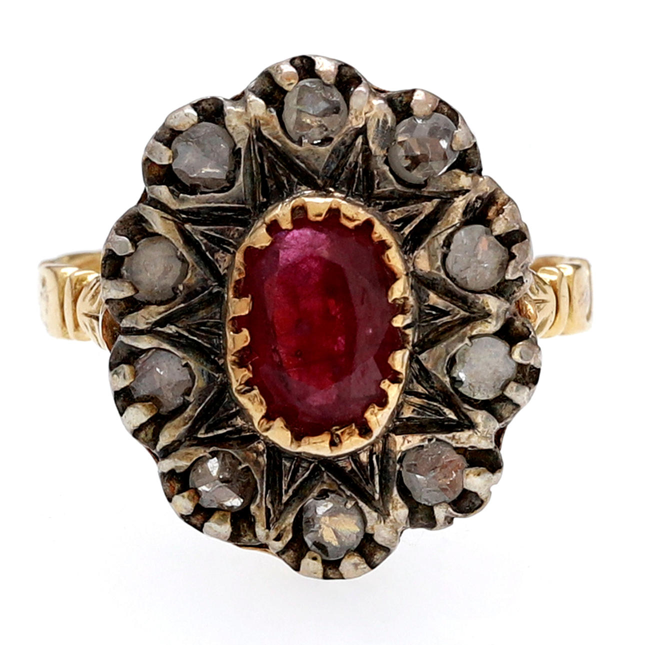 Historicist style ruby and diamonds rosette ring.