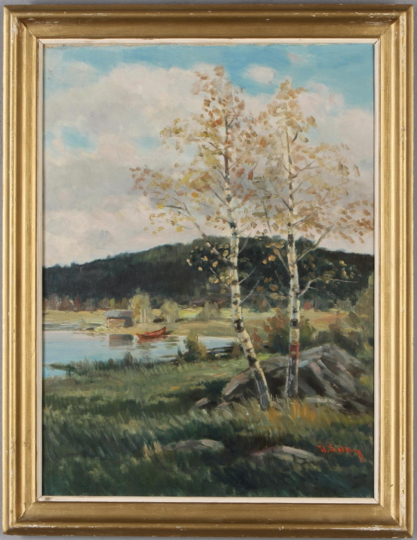 UUNO SOLDAN. björkar vid strand, olja på duk, signerad.