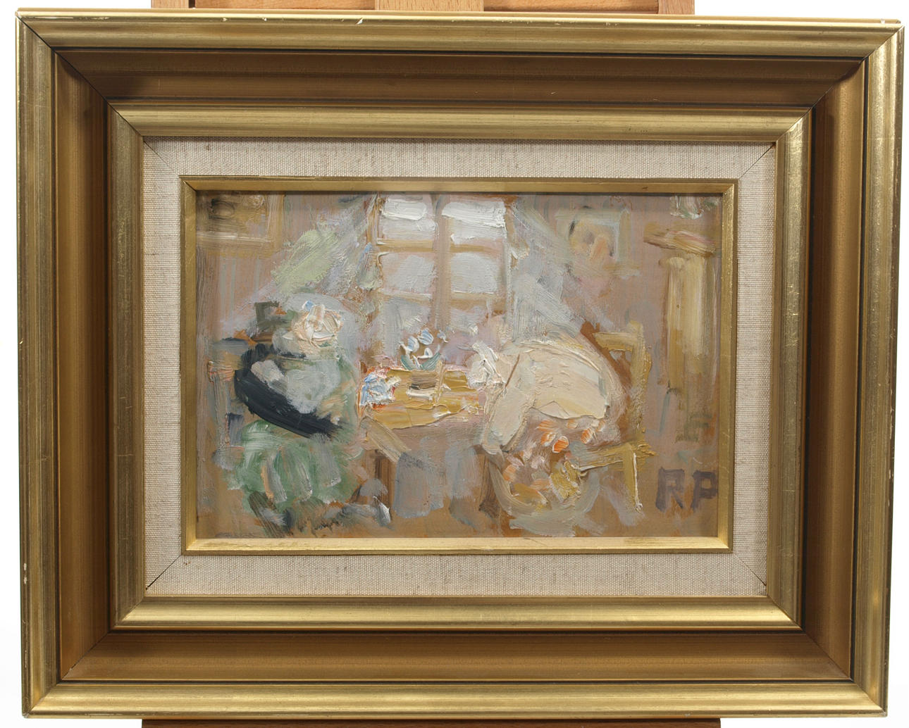 RAGNAR PERSSON. Olja på pannå, Vid köksbordet, signerad RP.