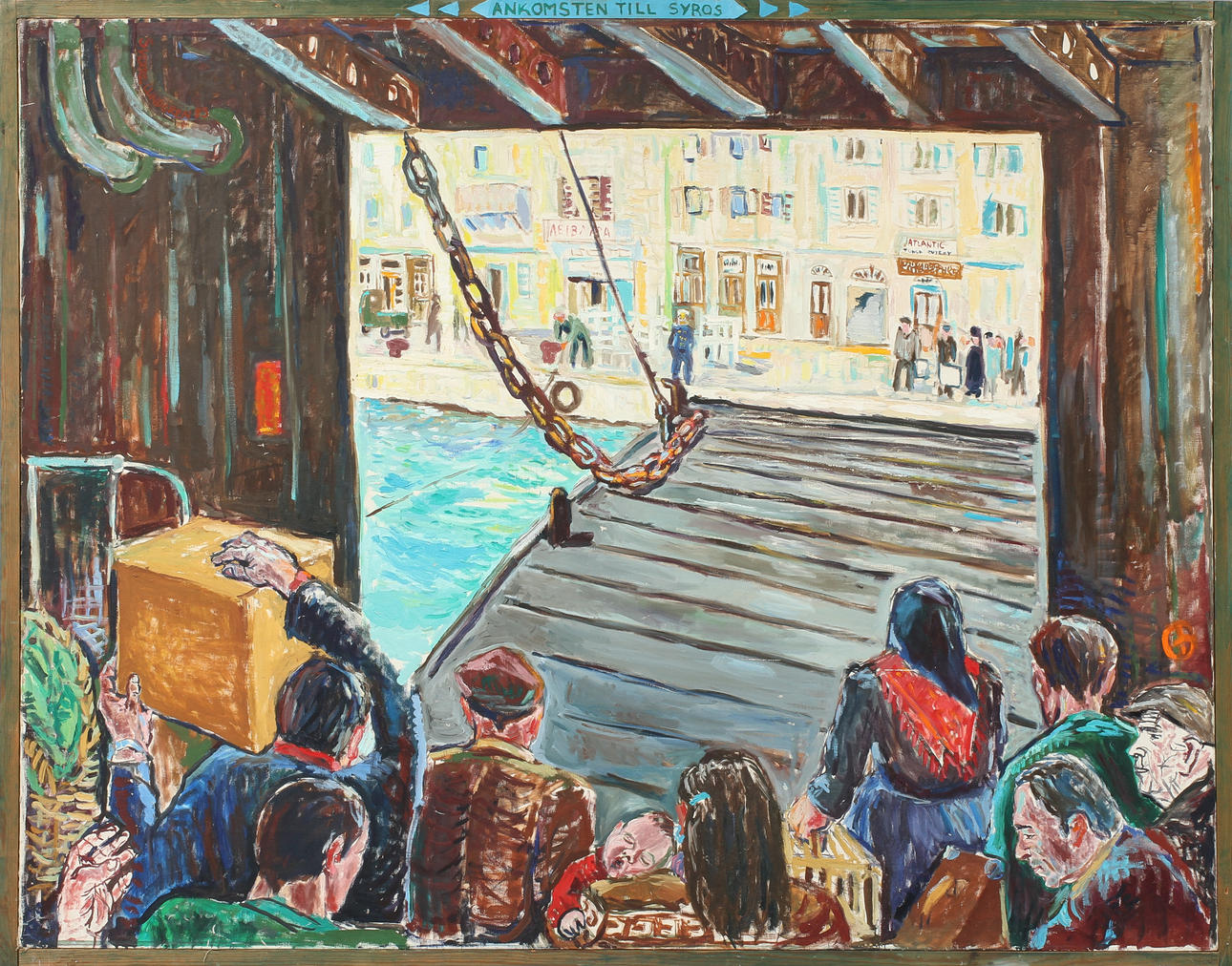 SVERRE LUNDGREN. "Ankomsten till Syros", olja på duk, signerad 83.