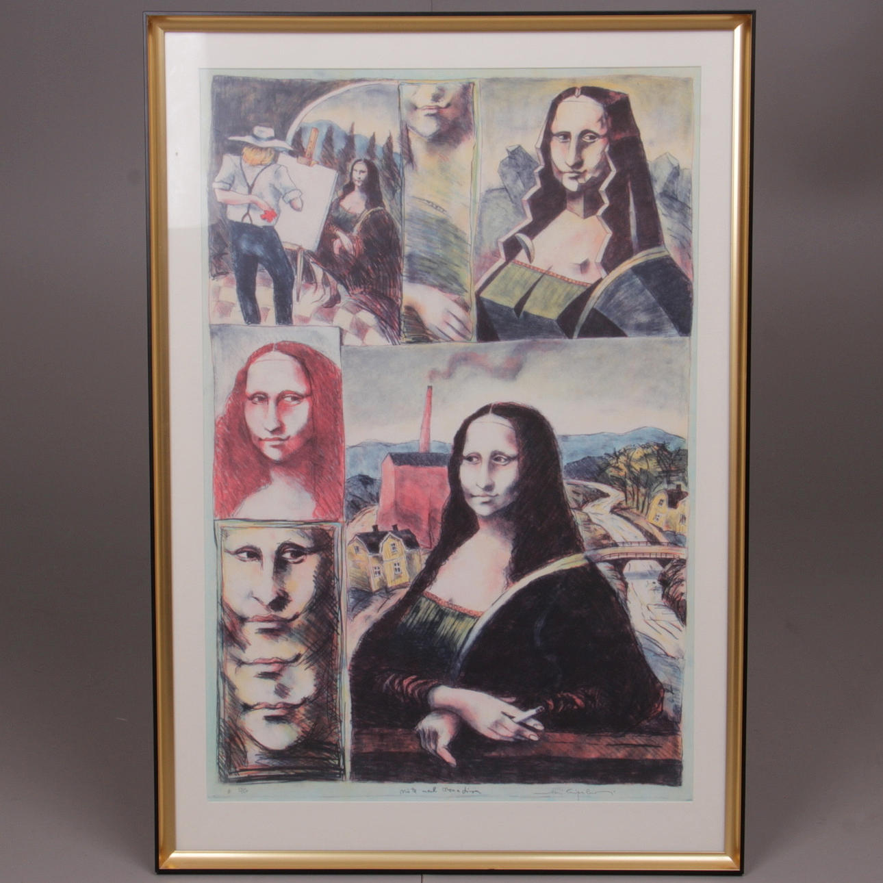 OIDENTIFIERAD KONSTNÄR. färglitografi, "möte med mona lisa", signerad och numrerad 36/190.